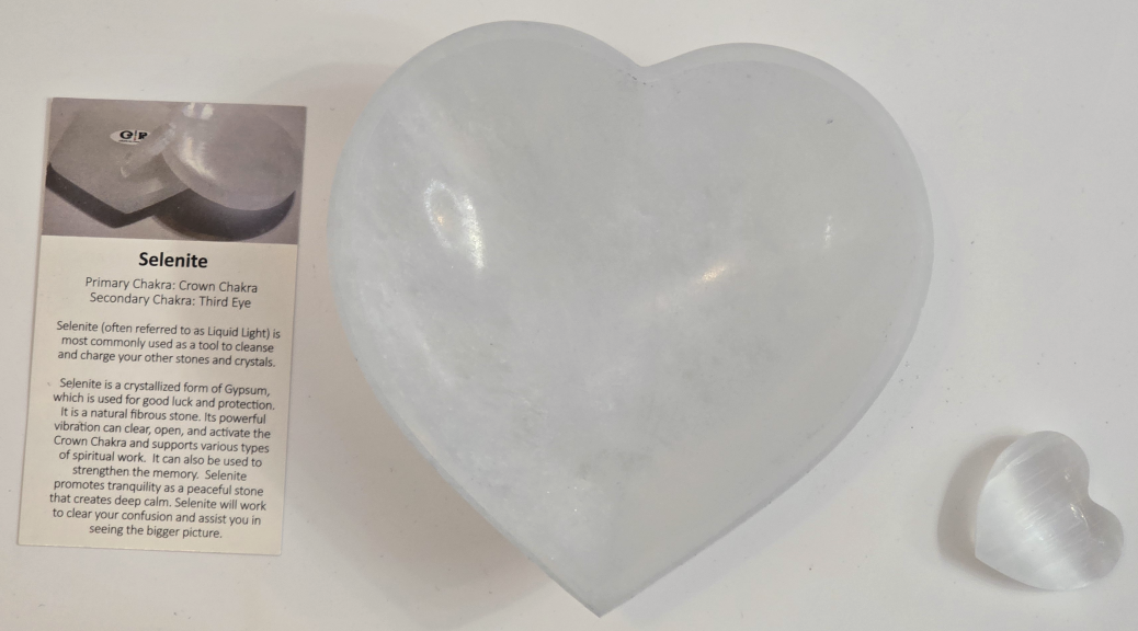 Chakra Rox Selenite Heart Bowl with Mini Selenite and Selenite info card